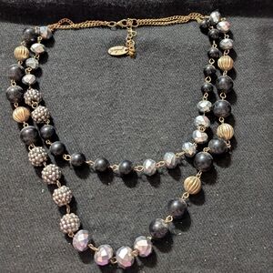 Jules L Gold Tone Silver And Black Beaded Layered Statement Necklace